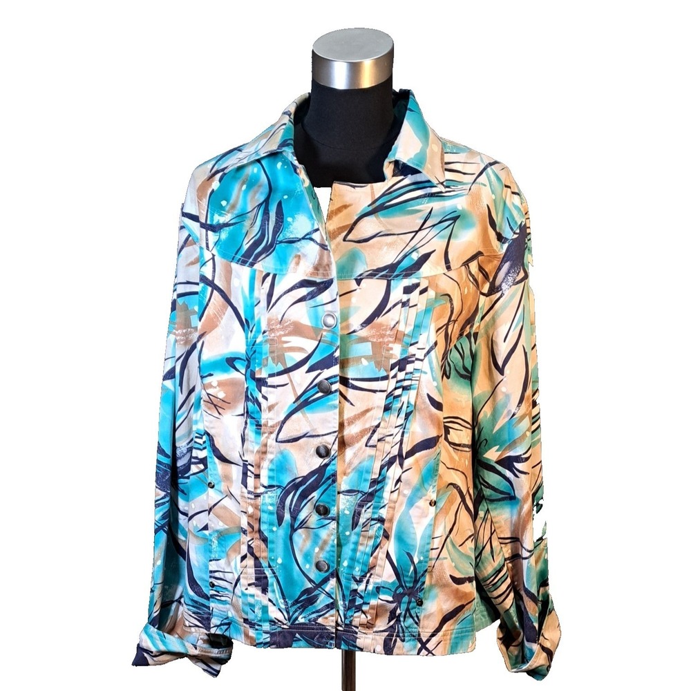 Coldwater Creek Womens‎ W24 Abstract Botanical Print Button Up Jacket Turquoise